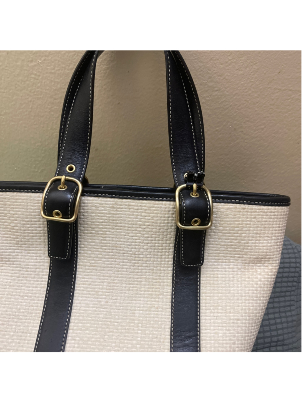 Coach Straw & Leather Tote Bag Beige Black small size - Picture 3 of 13